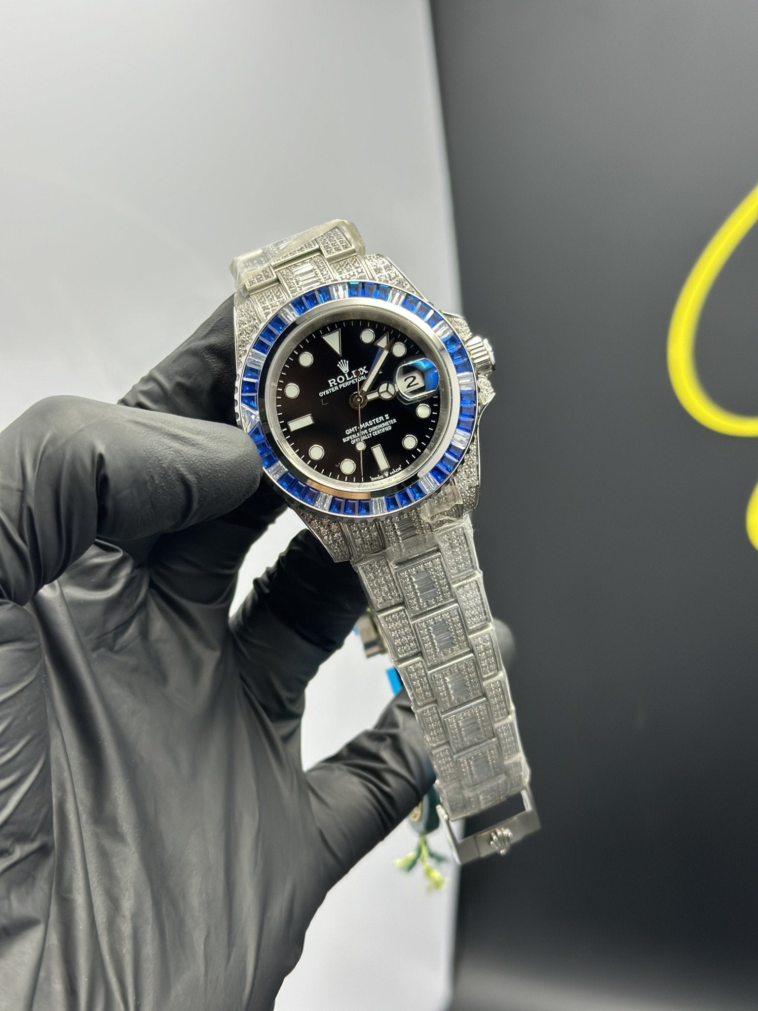 Rolex GMT Master II 40mm Stainless Steel Silver Oyster Bracelet Fully Stoned Black Dial Blue Stoned Bezel – men’s watch