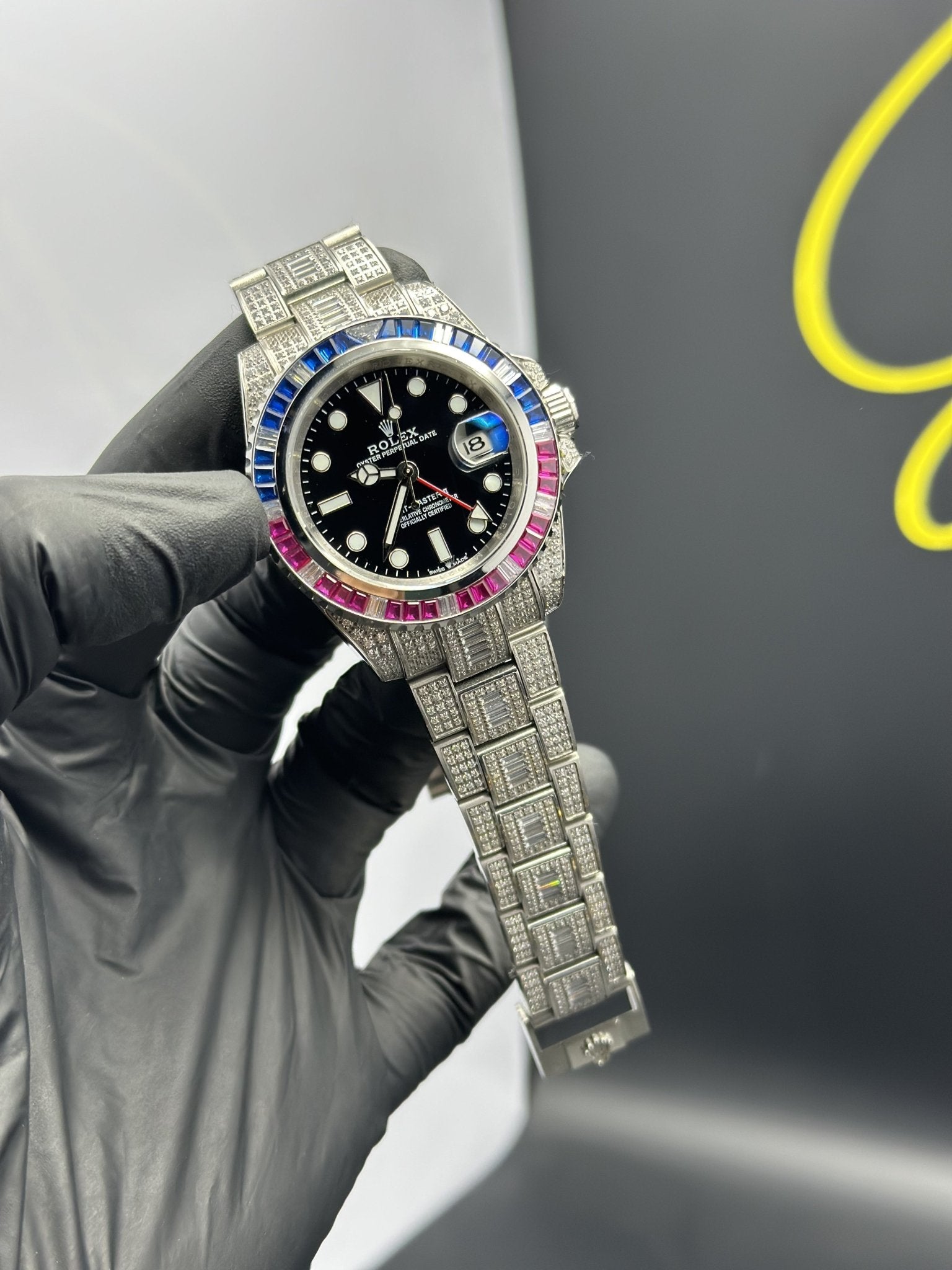 Rolex GMT Master II 40mm Stainless Steel Silver Oyster Bracelet Fully Stoned Black Dial Rainbow Stoned Bezel – men’s watch