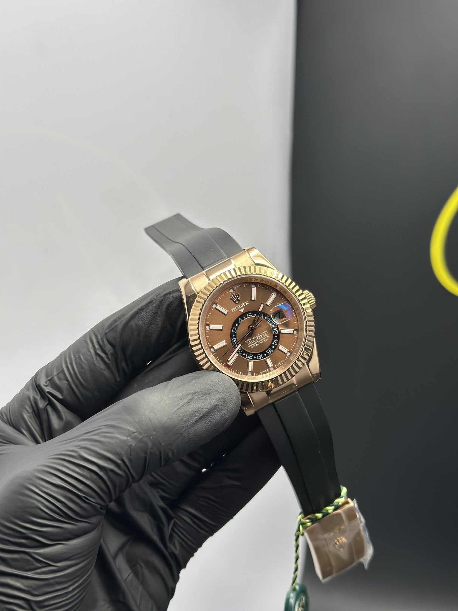 Rolex Sky Dweller 42mm Oyster Flex Black Strap Brown Dial Rosegold Bezel – men’s watch