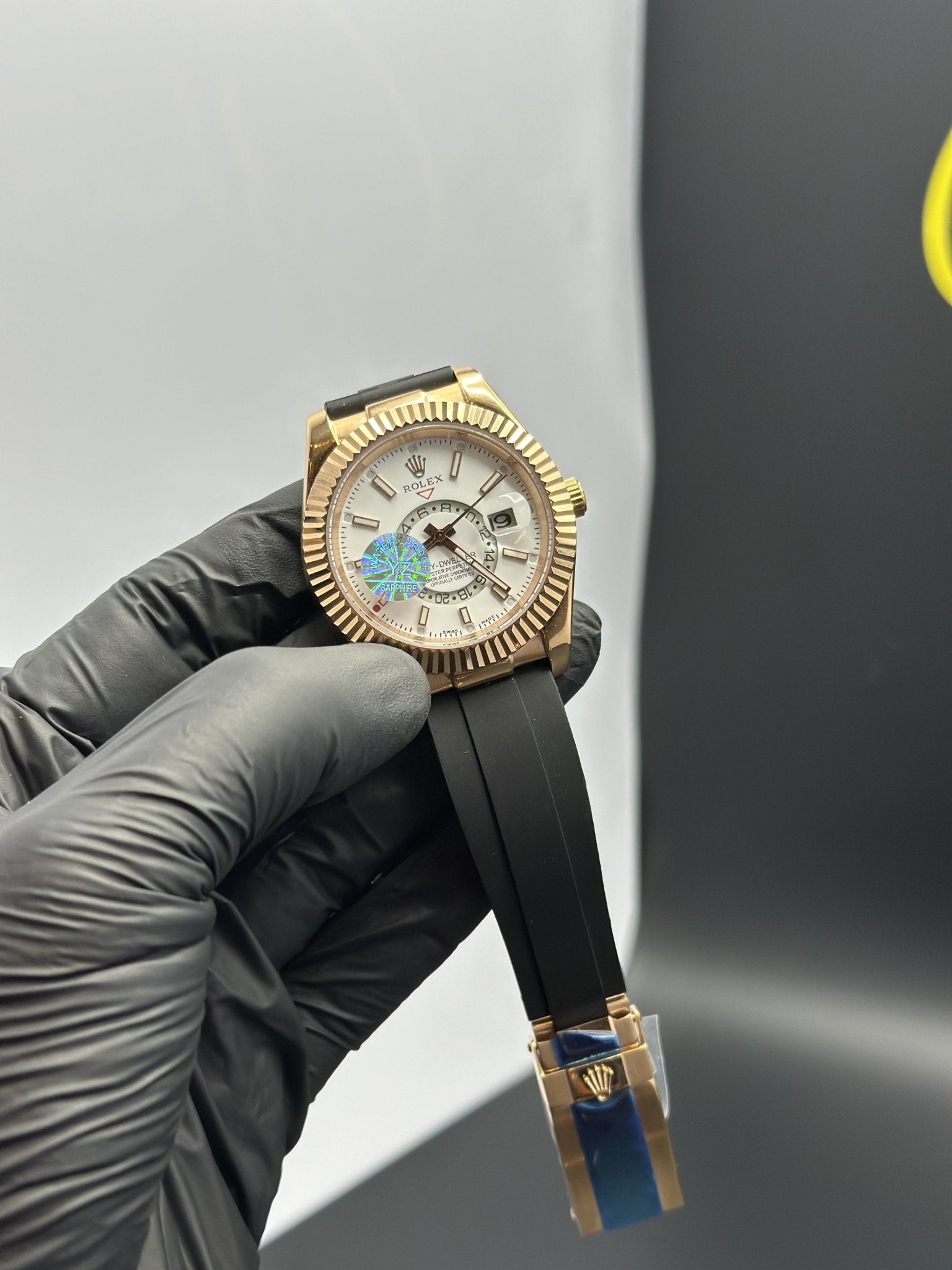 Rolex Sky Dweller 42mm Oyster Flex Black Strap White Dial Rosegold Bezel – men’s watch