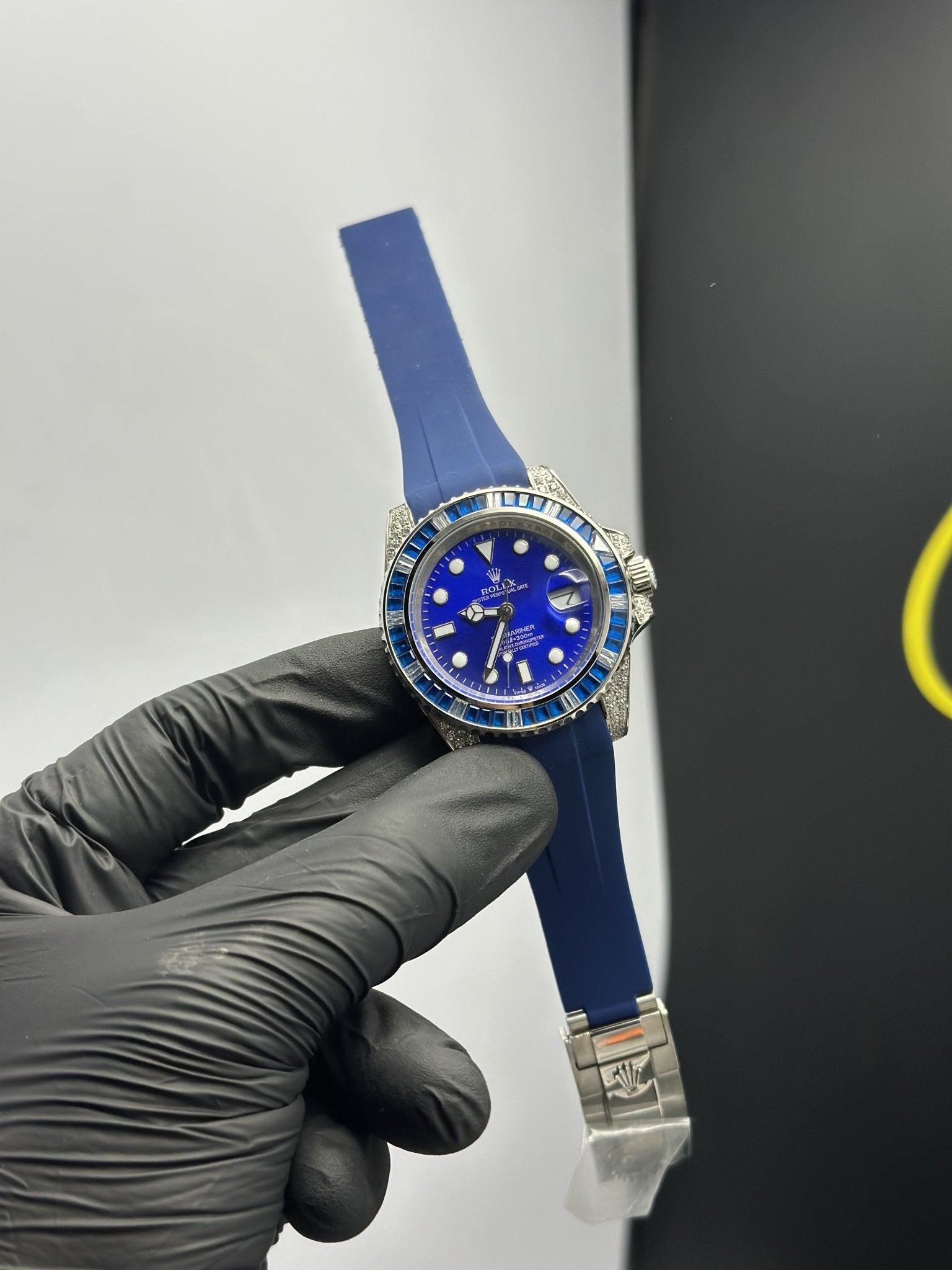 Rolex Submariner 41mm Oyster Flex Strap Stoned Bezel Blue Strap Blue Dial Blue Stoned Bezel – men’s watch