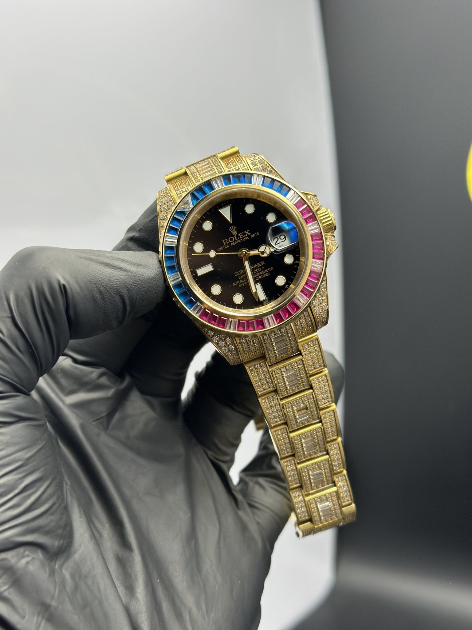 Rolex Submariner 41mm Stainless Steel Gold Oyster Bracelet Fully Stoned Black Dial Rainbow Stoned Bezel – men’s watch