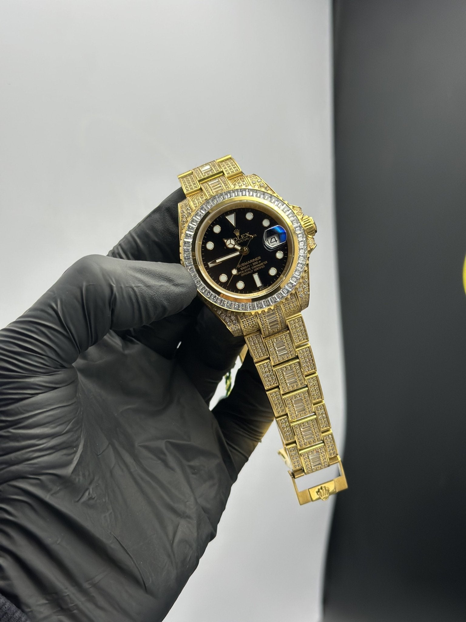 Rolex Submariner 41mm Stainless Steel Gold Oyster Bracelet Fully Stoned Black Dial White Stoned Bezel – men’s watch