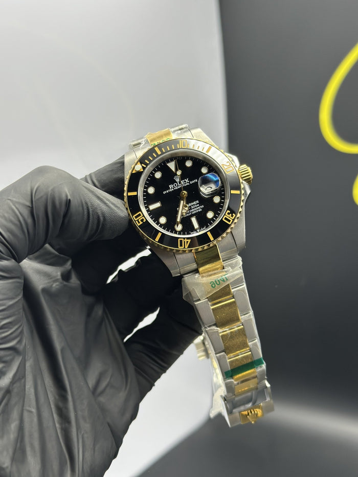RLX Submariner 41mm Stainless Steel Silver Gold 2 Tone Oyster Bracelet Black Dial Black Bezel