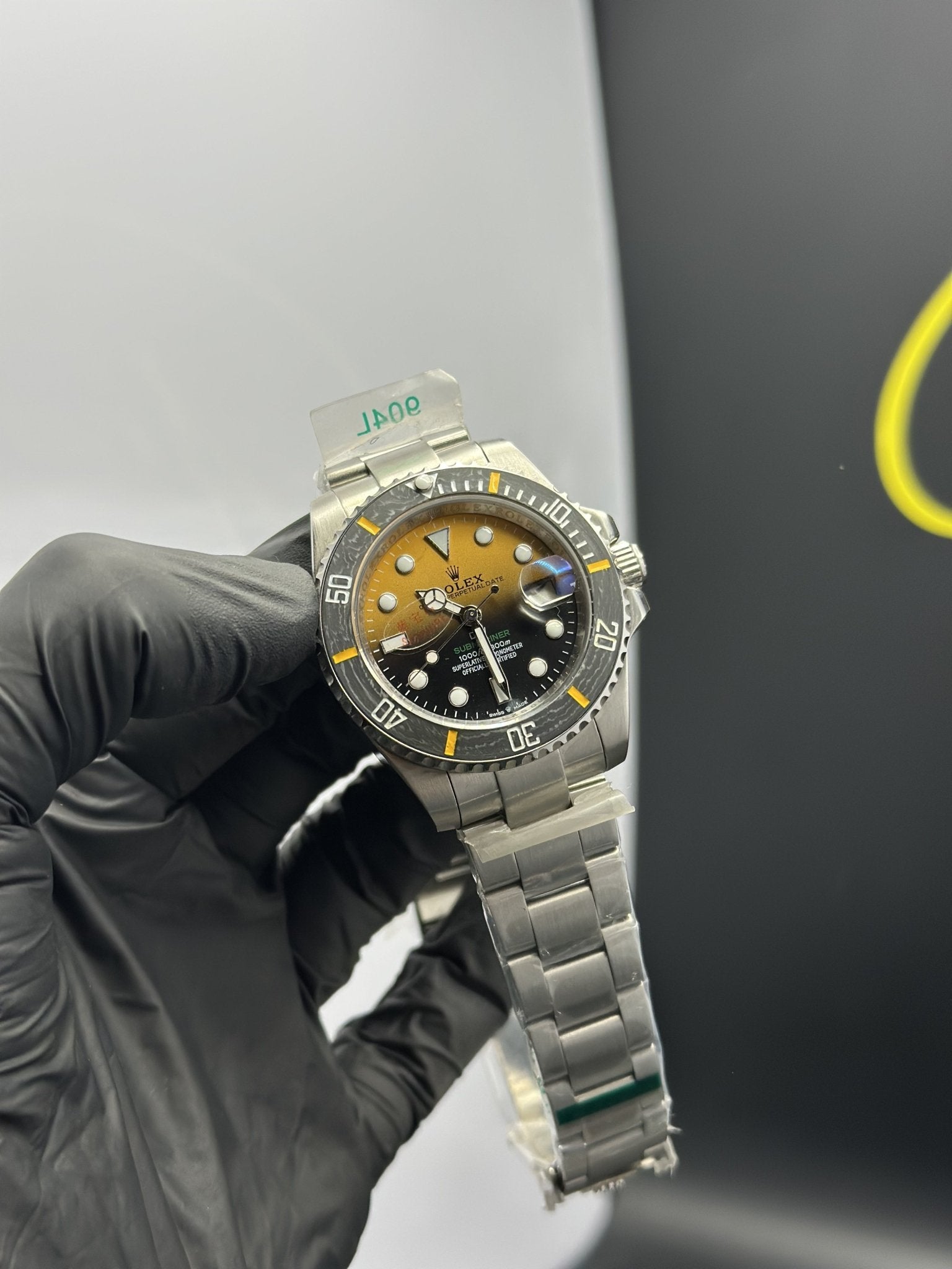 Rolex Submariner 41mm Stainless Steel Silver Oyster Bracelet - Carbon Bezel Yellow Black Dual Shade Dial Yellow Carbon Bezel – men’s watch