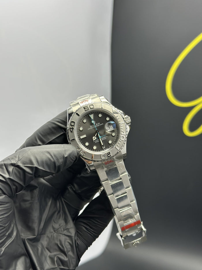 Super Clones RLX Clean Factory Yacht Master Stainless Steel Silver Oyster Bracelet Grey Dial Silver Bezel Caliber 3235 Swiss Movement