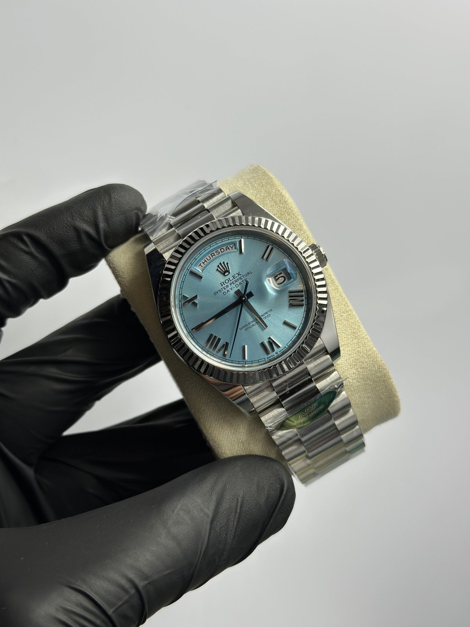 Super Clones Rolex The Most Premium ARF Factory Daydate 40mm Stainless Steel Silver Presidential Bracelet Sky Blue Roman Dial Caliber 3255 Swiss Movement – men’s watch