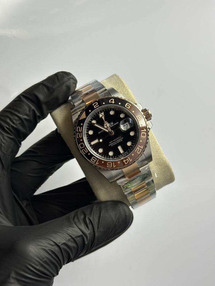 Super Clones RLX The Most Premium ARF Factory GMT Master II Stainless Steel Silver-Rosegold 2 Tone Oyster Bracelet Root Beer Dial Caliber 3285 Swiss Movement