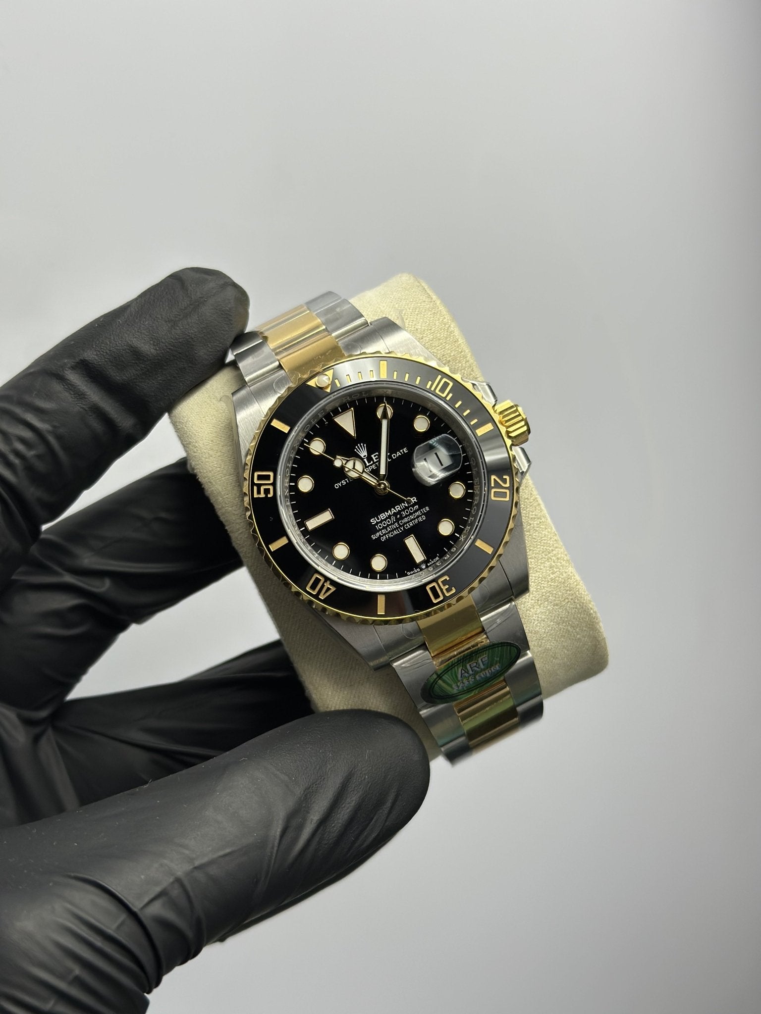 Super Clones Rolex The Most Premium ARF Factory Submariner Stainless Steel Silver - Gold 2 Tone Oyster Bracelet Black Dial Black Bezel Caliber 3235 Swiss Movement – men’s watch