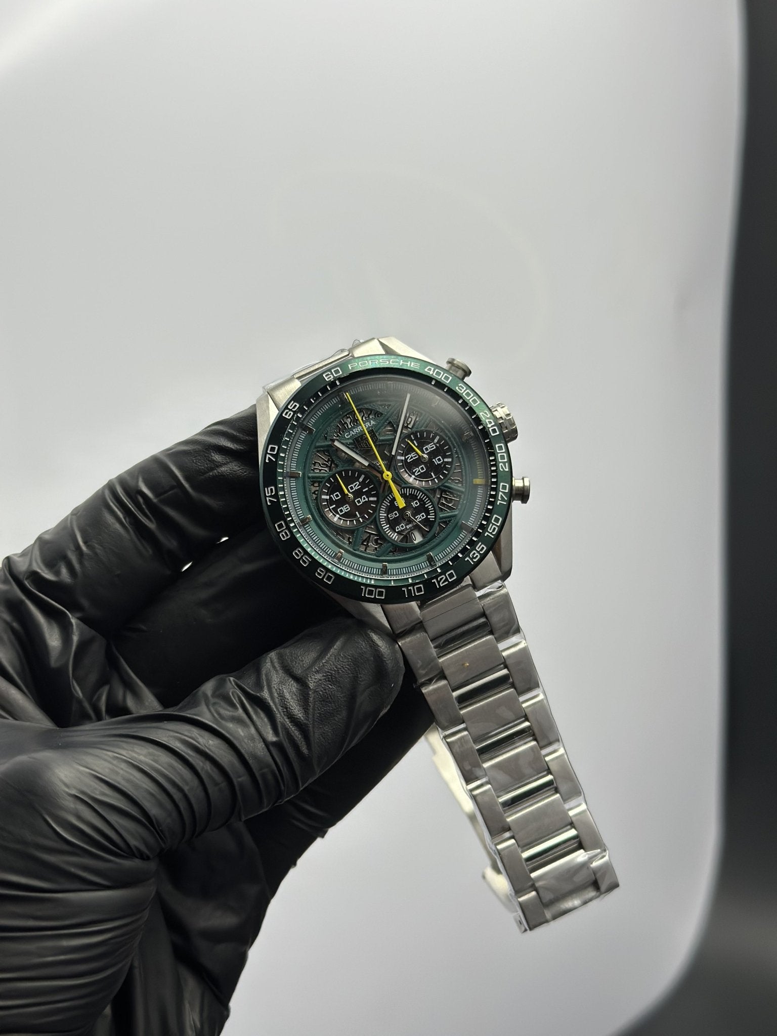 Tag Heuer Bracelet Chronograph (Quartz) Carrera Silver Bracelet Green Skeleton Dial – men’s watch