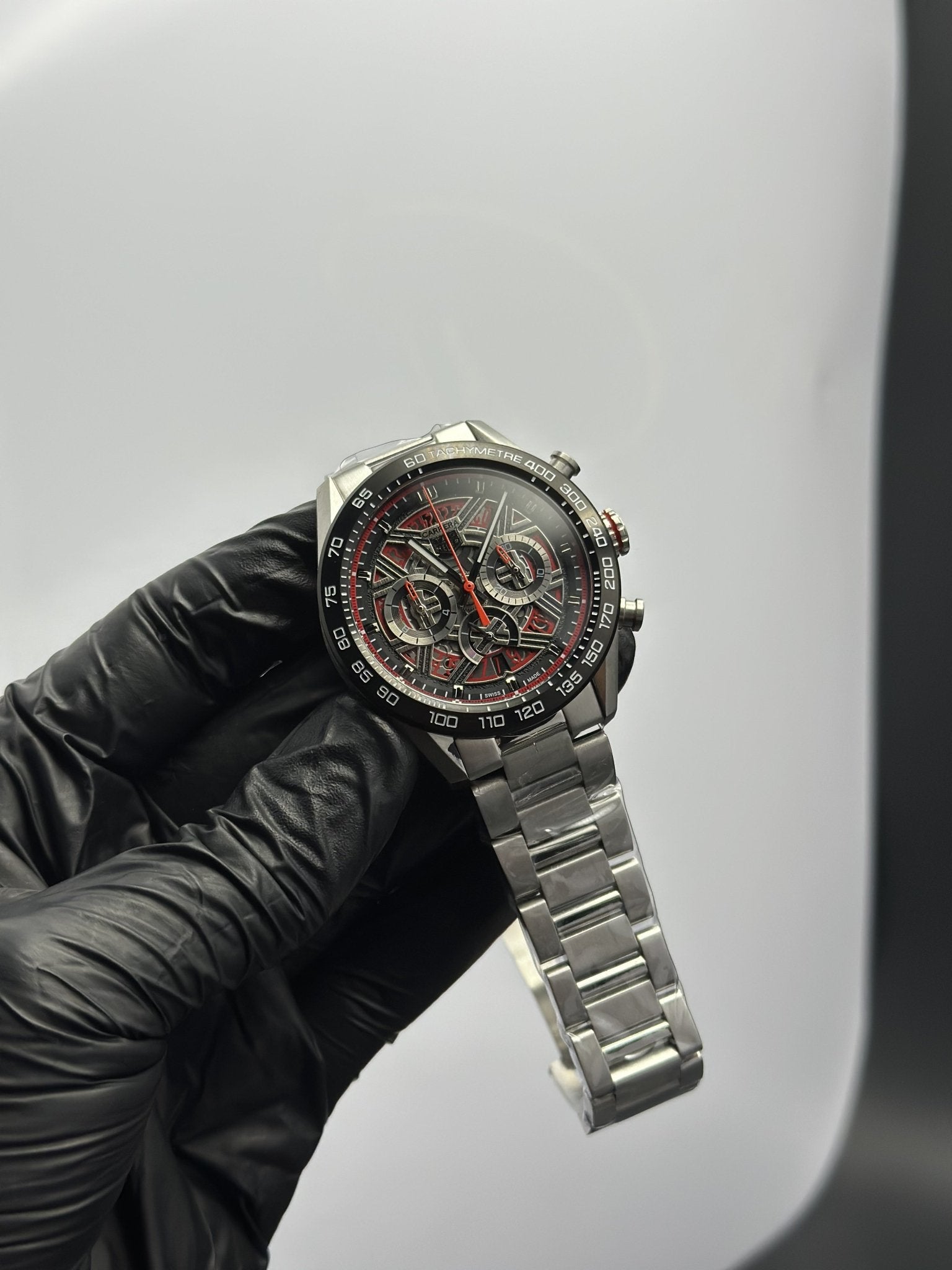 Tag Heuer Bracelet Chronograph (Quartz) Carrera Silver Bracelet Red Skeleton Dial – men’s watch