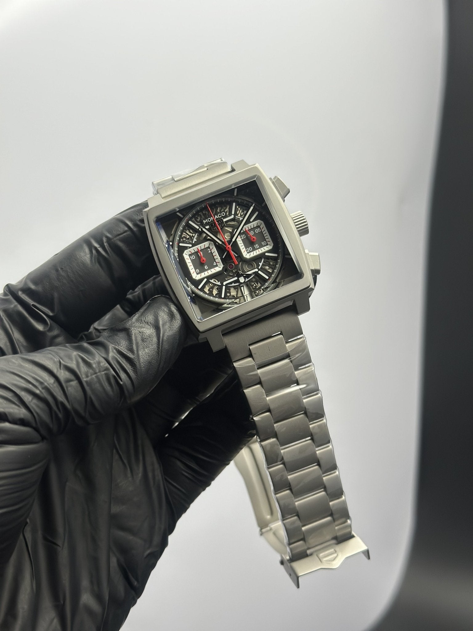 Tag Heuer Bracelet Chronograph (Quartz) Monaco Silver Bracelet White Skeleton Dial – men’s watch