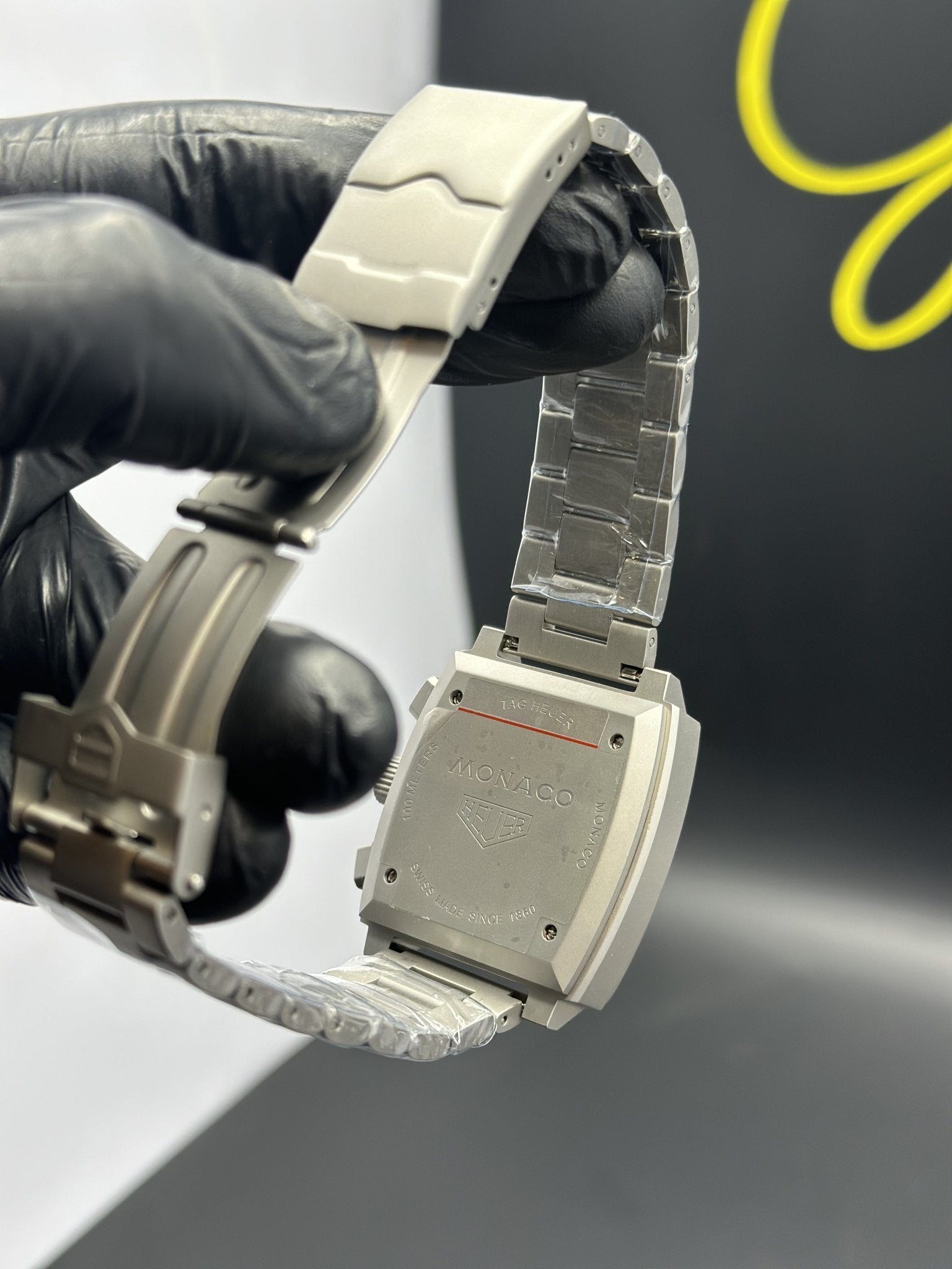 Tag Heuer Bracelet Chronograph (Quartz) Monaco Silver Bracelet Yellow Skeleton Dial – men’s watch