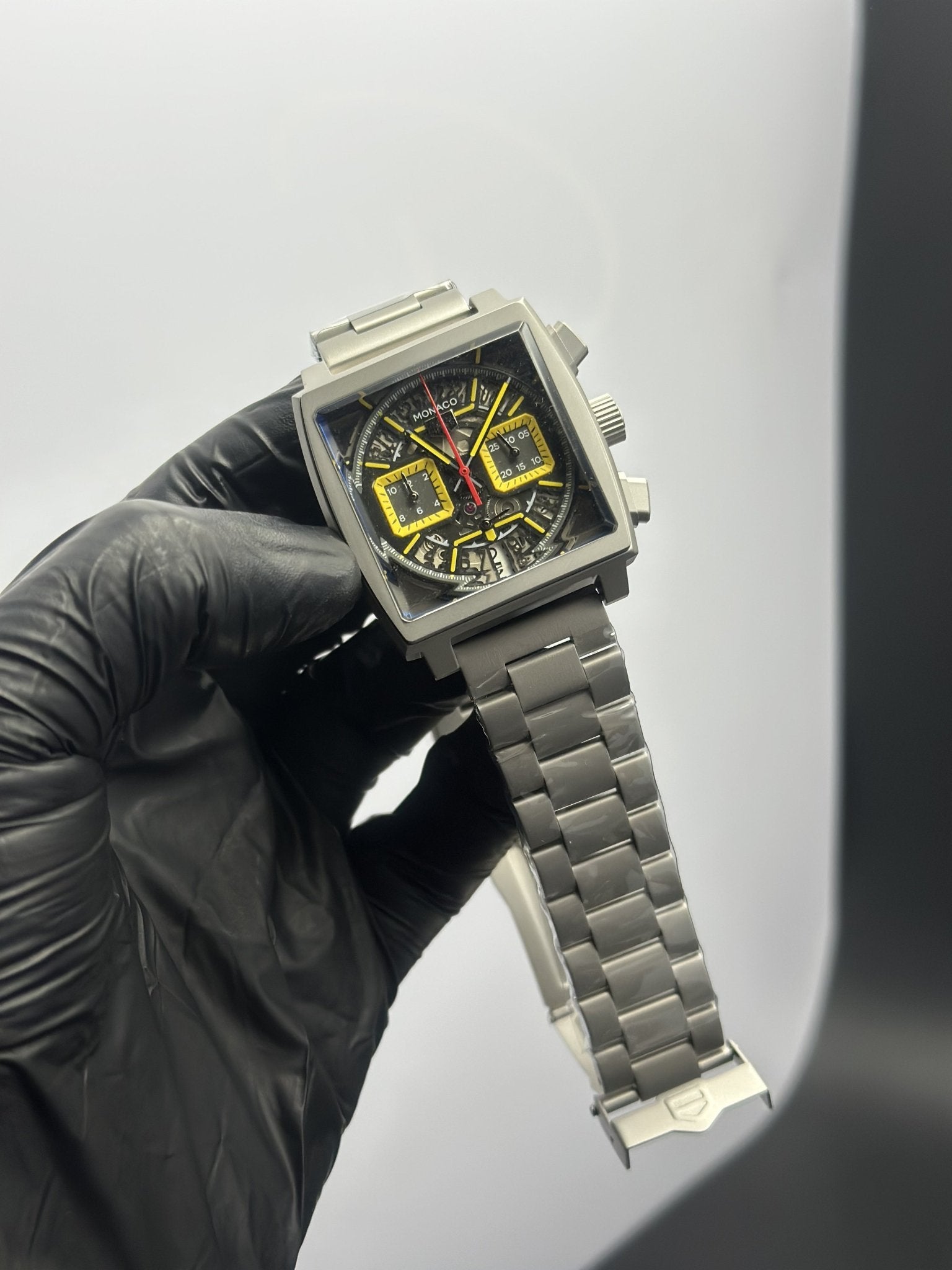 Tag Heuer Bracelet Chronograph (Quartz) Monaco Silver Bracelet Yellow Skeleton Dial – men’s watch