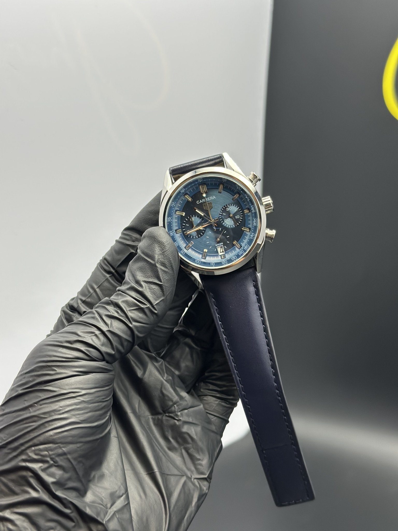 Tag Heuer Strap Chronograph (Quartz) 44mm Carrera Leather Strap Navy Blue Strap Blue Dial – men’s watch