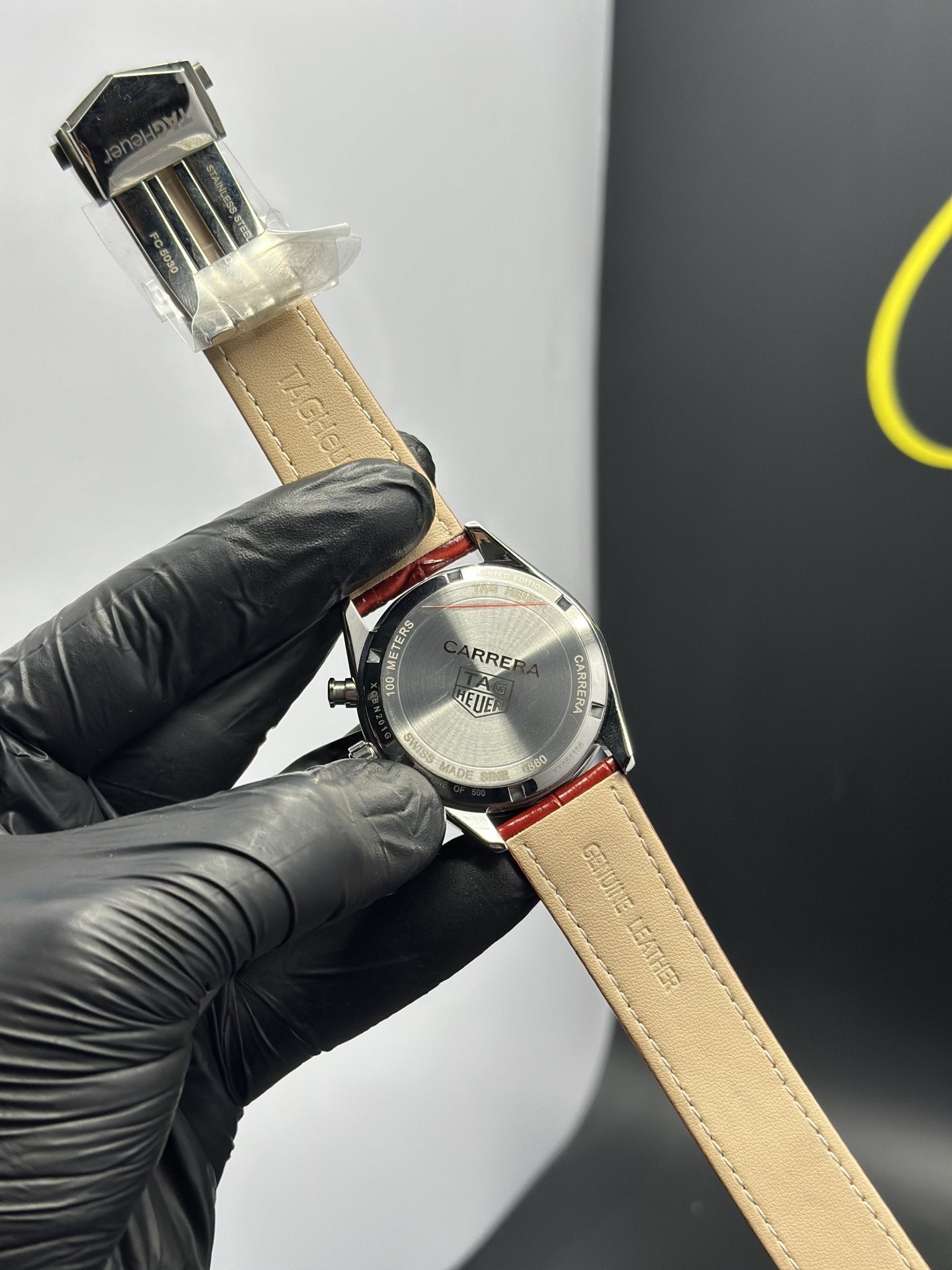 Tag Heuer Strap Chronograph (Quartz) 44mm Carrera Leather Strap Red Strap White Dial – men’s watch