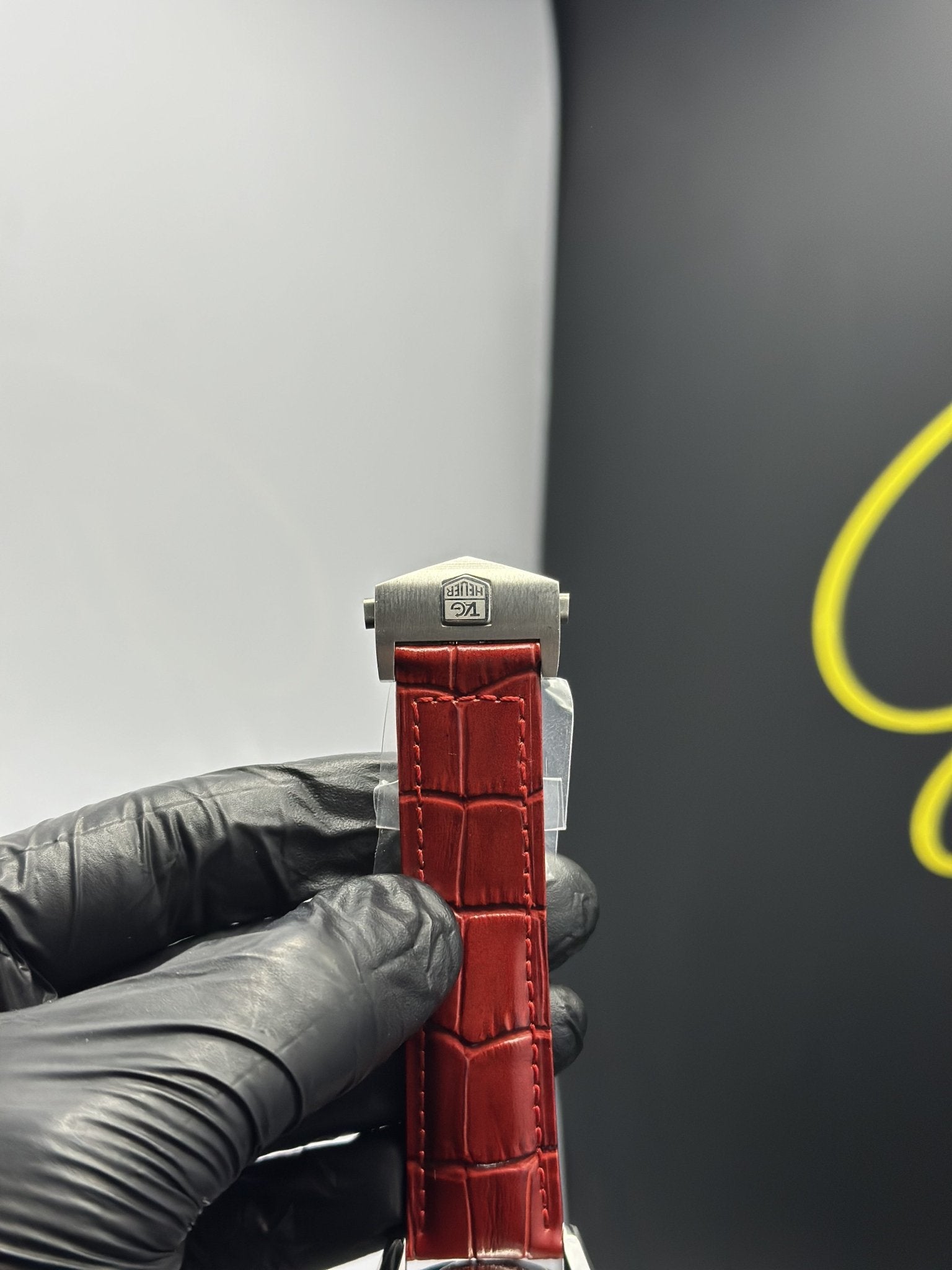 Tag Heuer Strap Chronograph (Quartz) 44mm Carrera Leather Strap Red Strap White Dial – men’s watch