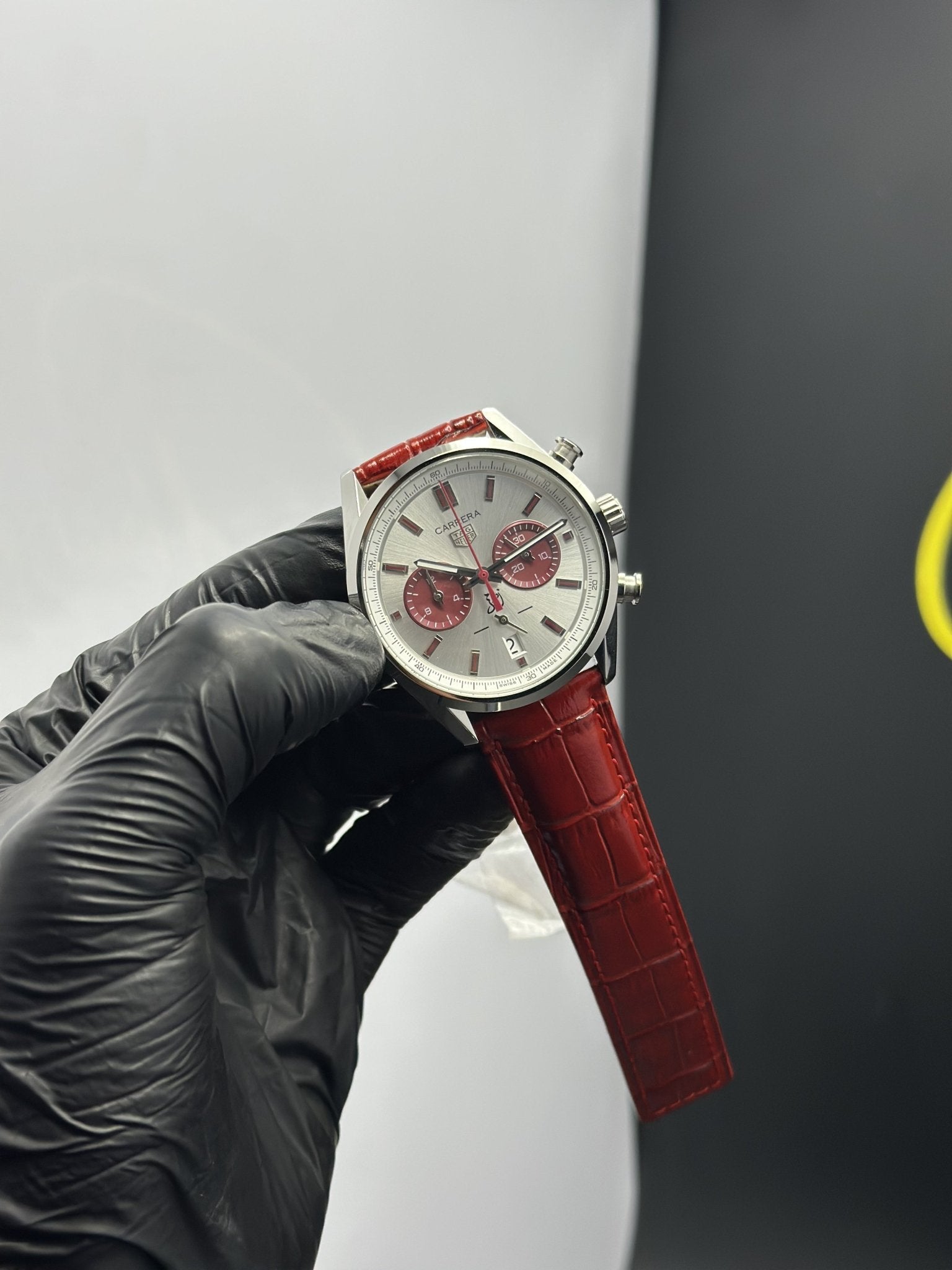 Tag Heuer Strap Chronograph (Quartz) 44mm Carrera Leather Strap Red Strap White Dial – men’s watch
