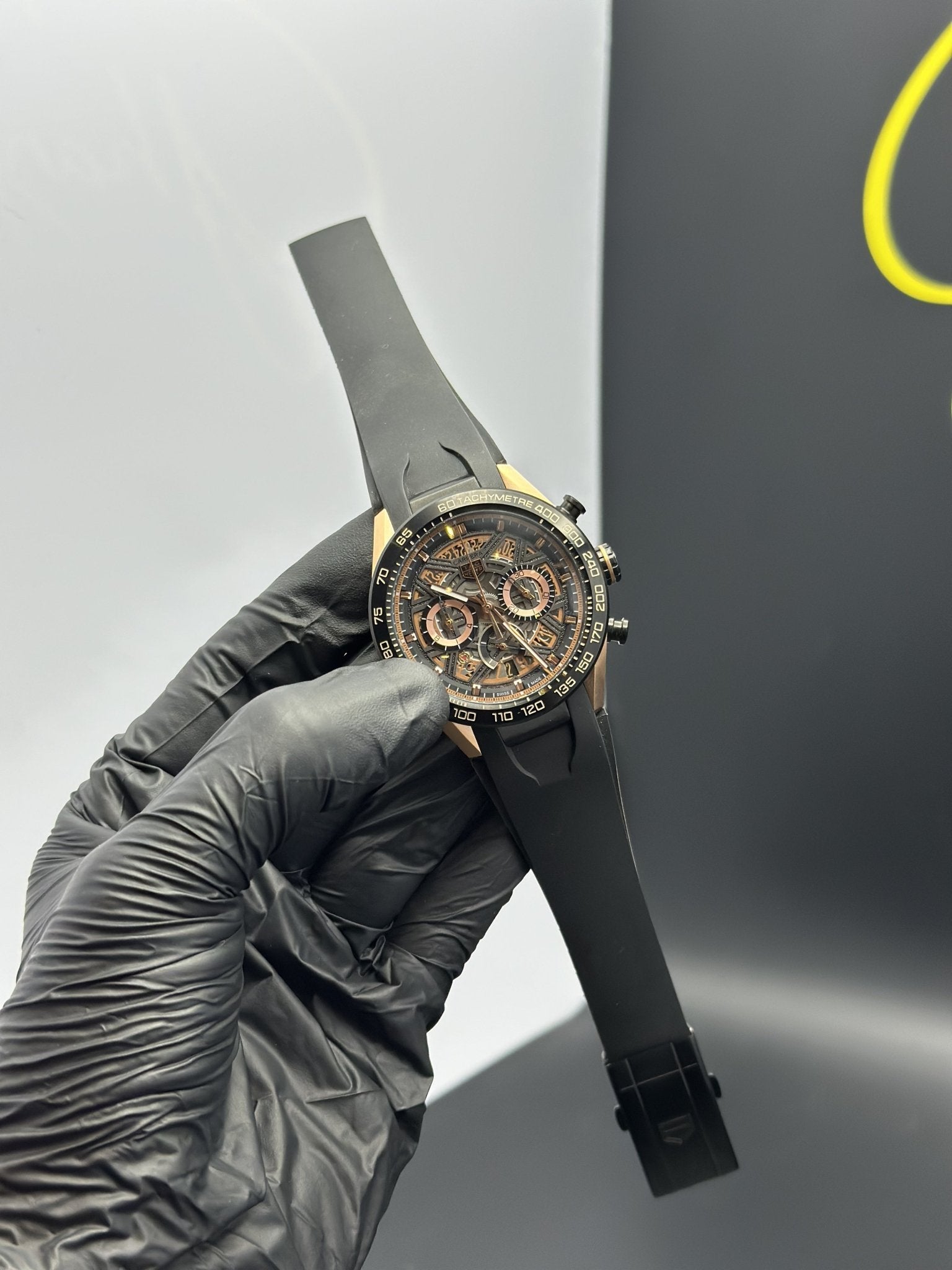 Tag Heuer Strap Chronograph (Quartz) 44mm Carrera Silicone Strap Black Strap Rosegold Dial – men’s watch