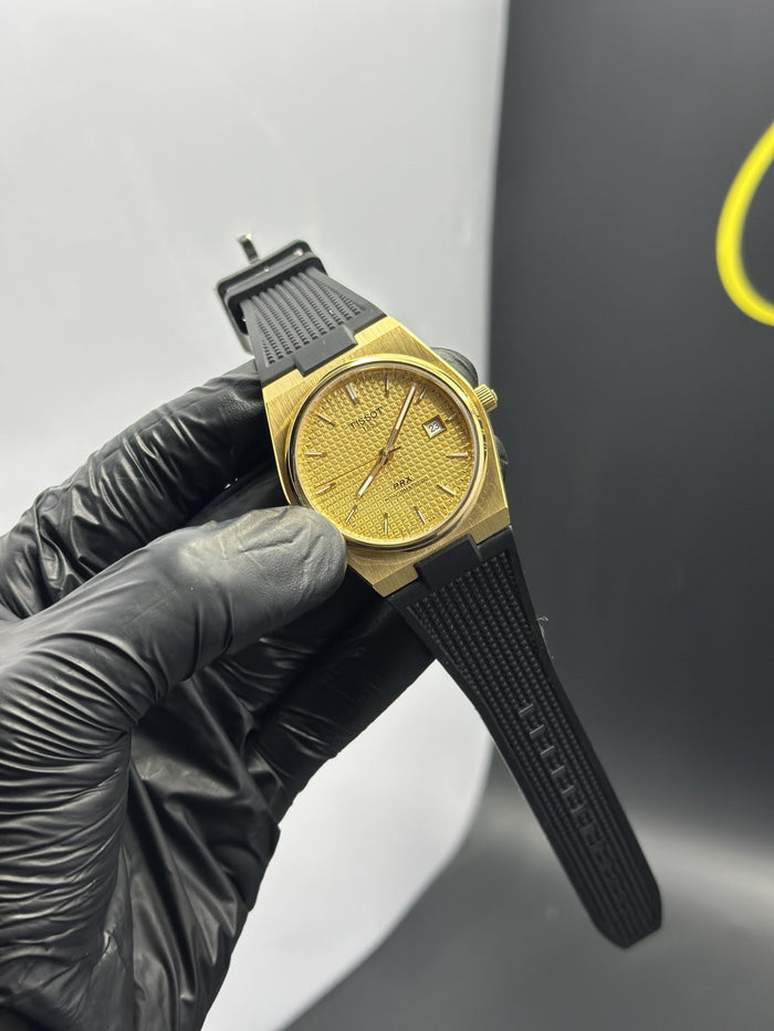 Tisot Strap Automatic 40mm Silicone Strap Black Strap Gold Textured Dial