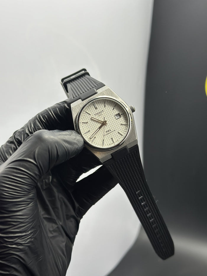Tisot Strap Automatic 40mm Silicone Strap Black Strap White Textured Dial